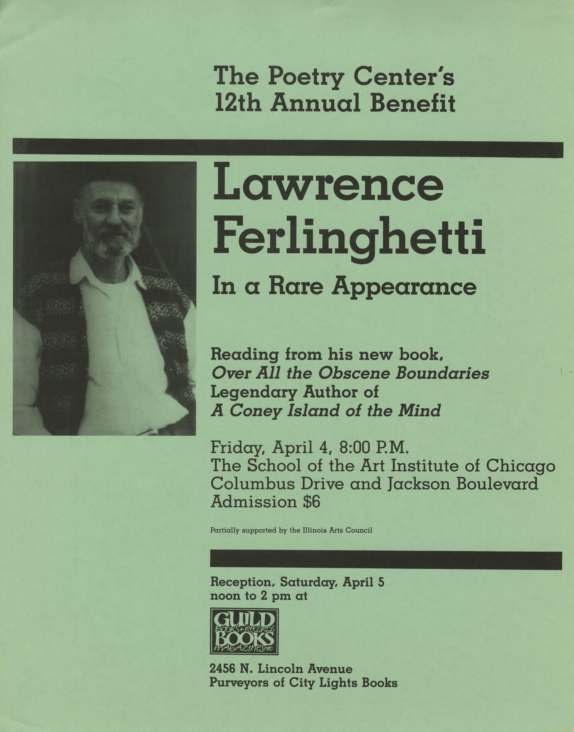 Vintage poster of Lawrence Ferlinghetti's reading at the Poetry Center of Chicago.