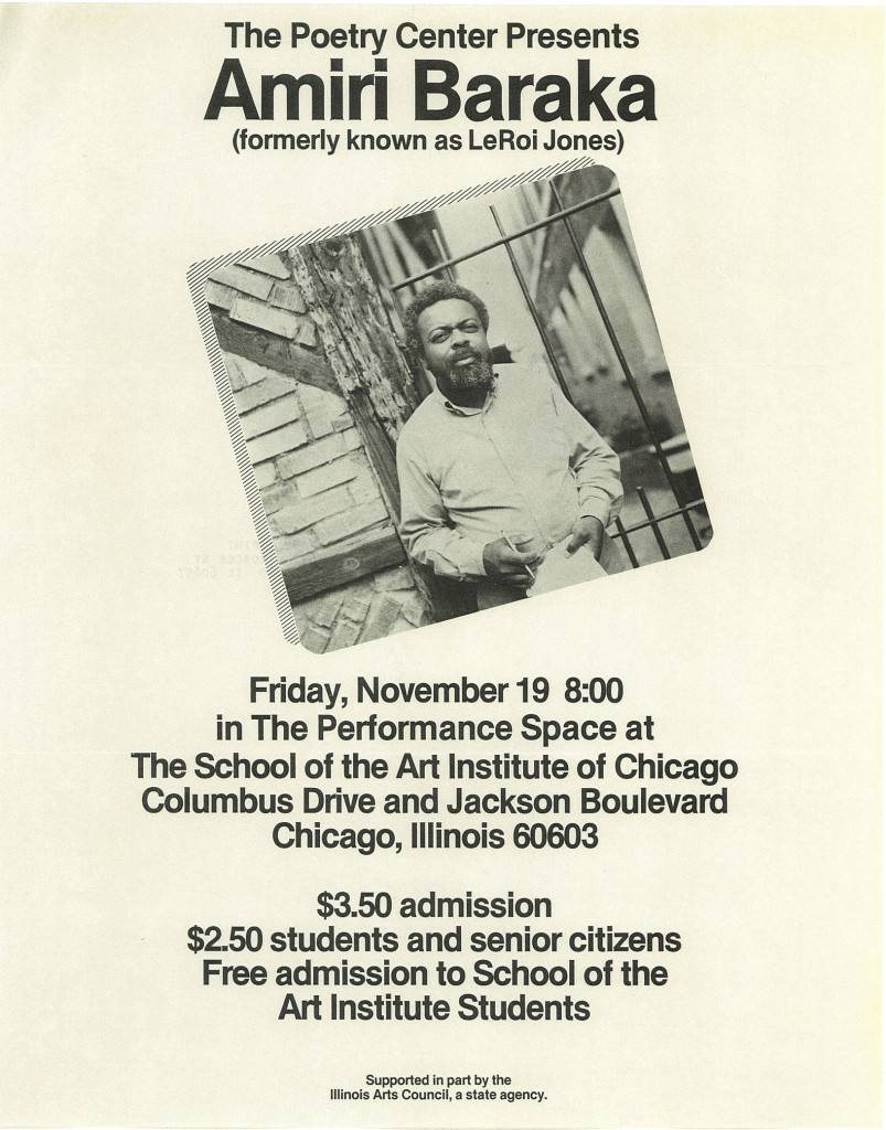 Vintage poster of Amiri Baraka's reading at the Poetry Center of Chicago.