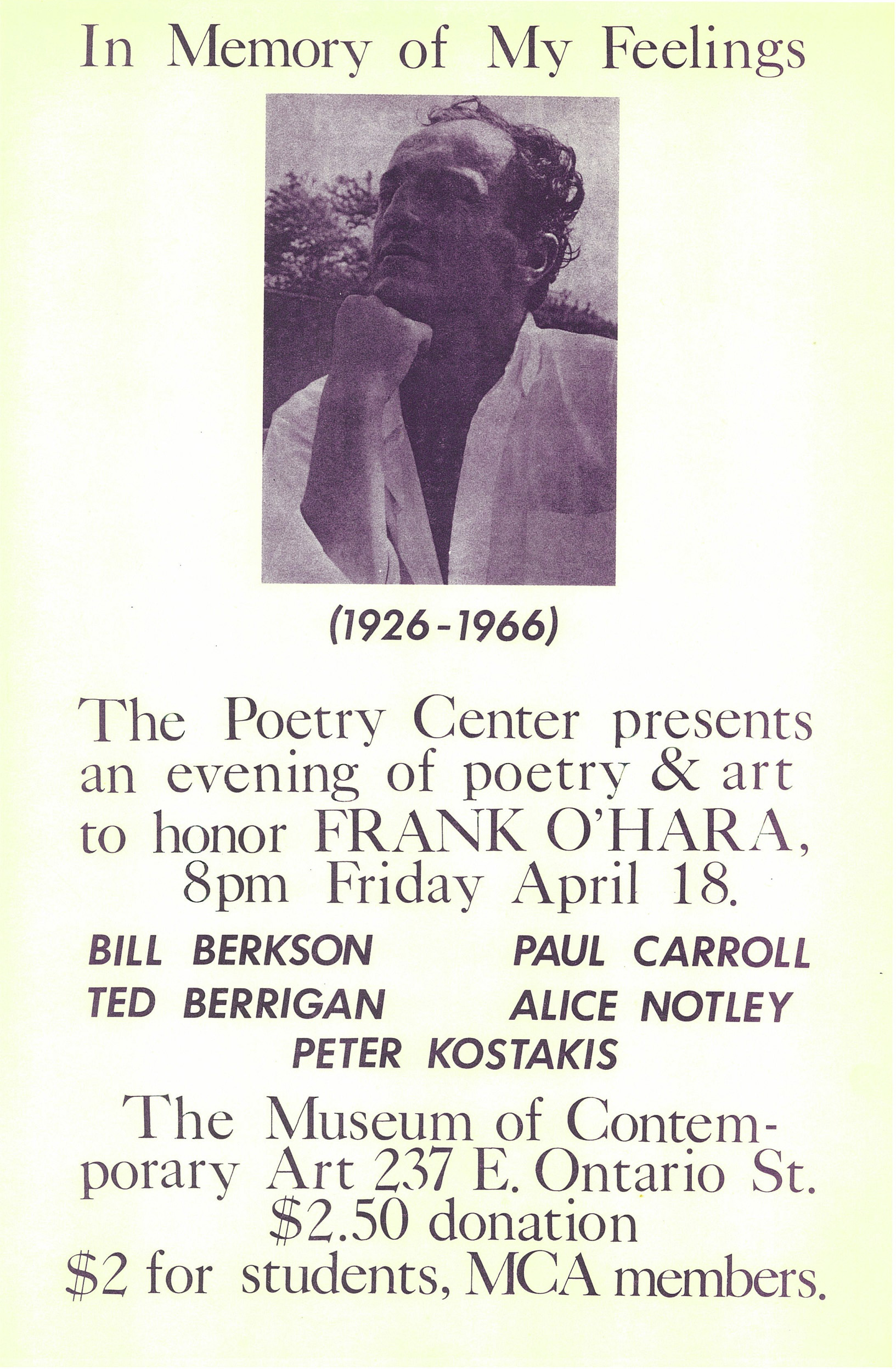 Vintage poster of Bill Berkson, Ted Berrigan, Paul Carroll, Alice Notley, and Peter Kostakis givnig a poetry reading in honor of Frank O'Hara at the Poetry Center of Chicago.