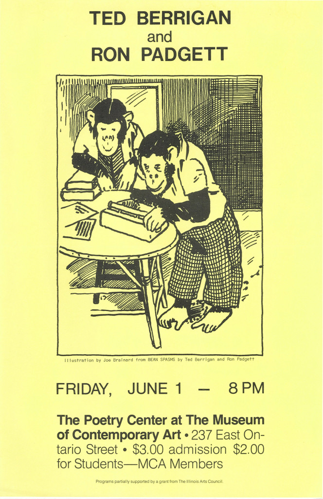 Vintage poster of Ted Berrigan and Ron Padgett giving a poetry reading at the Poetry Center of Chicago.
