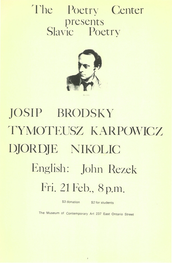 Vintage poster of Slavic Poetry, featuring Josip Brodsky, Tymoteusz Karpowicz, Djordje Nikolic, and John Rezek at the Poetry Center of Chicago.