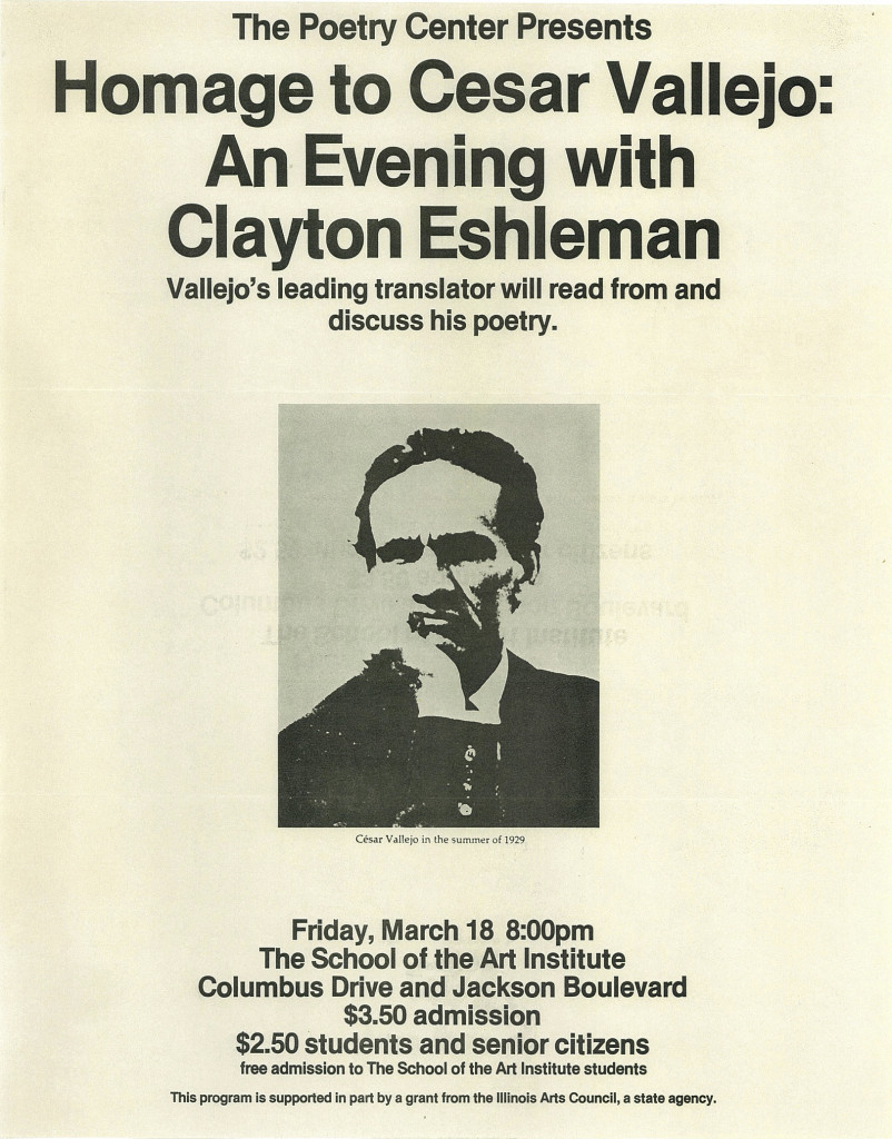 Vintage poster of Clayton Eshleman's reading, Homage to Cesar Vallejo, at the Poetry Center of Chicago.