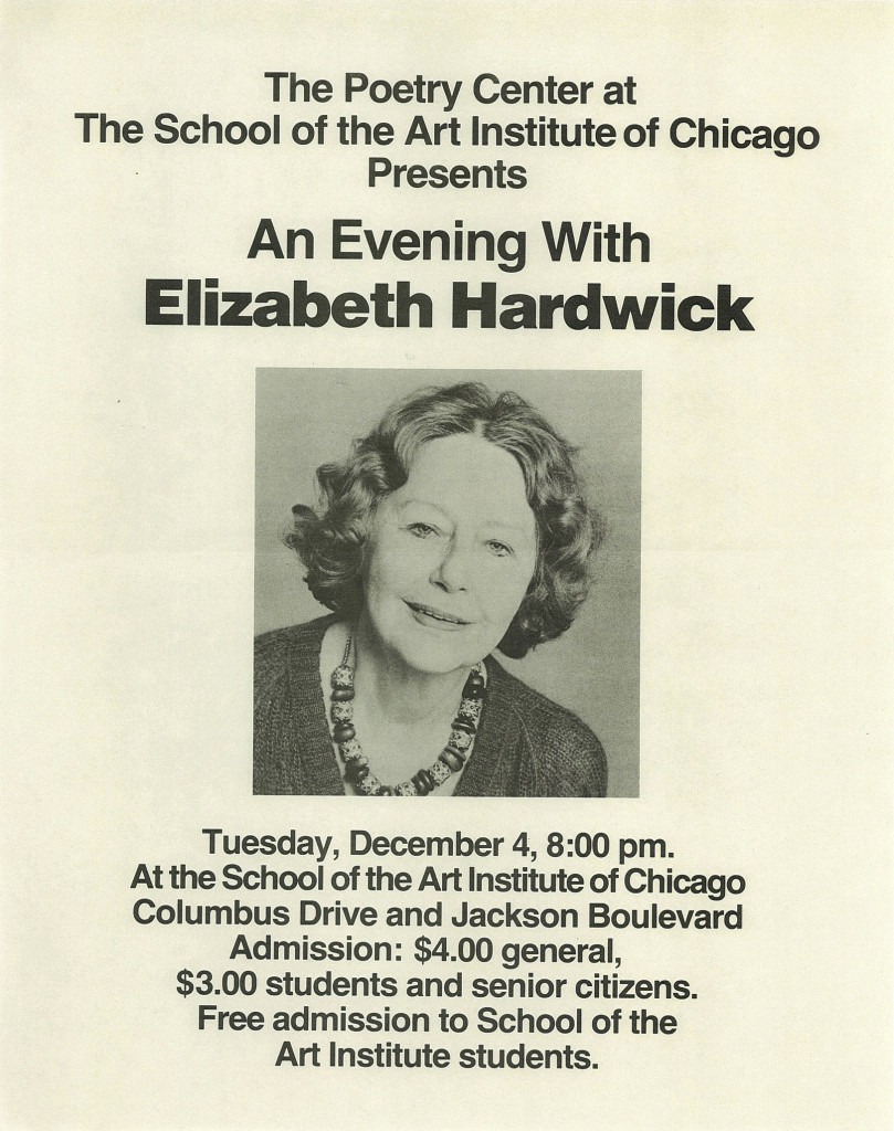 Vintage poster of Elizabeth Hardwick's reading at the Poetry Center of Chicago.