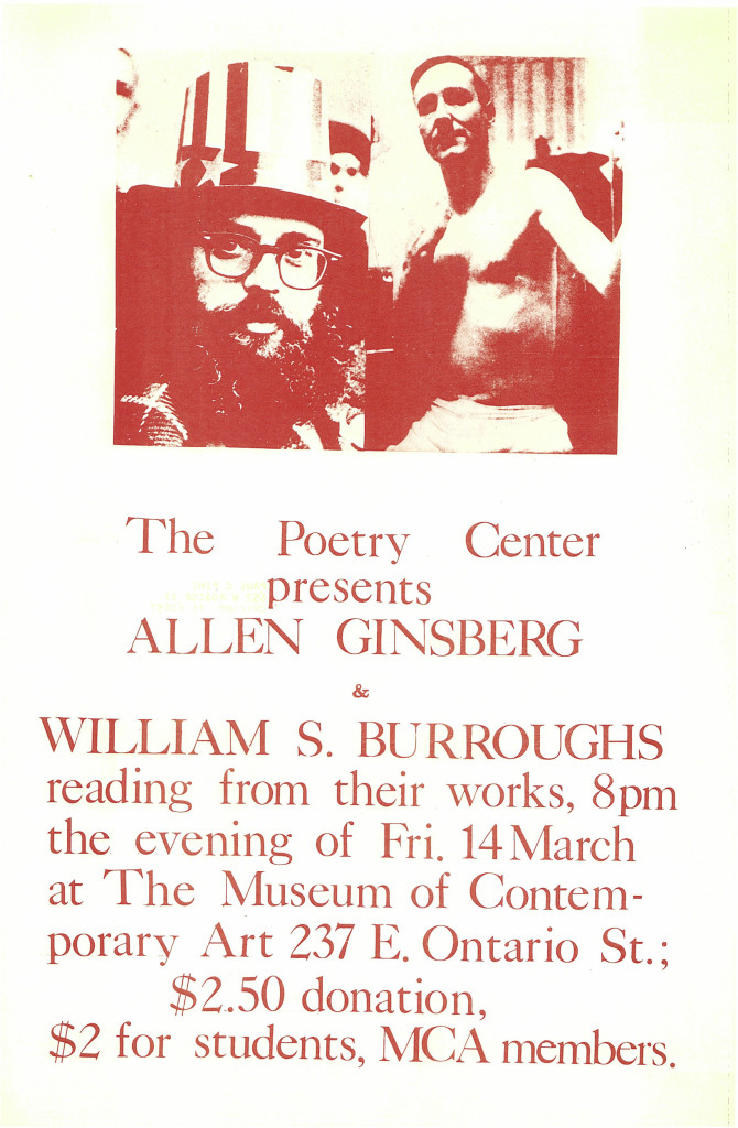 Vintage poster of a joint reading by Allen Ginsberg and William S. Burroughs at the Poetry Center of Chicago.