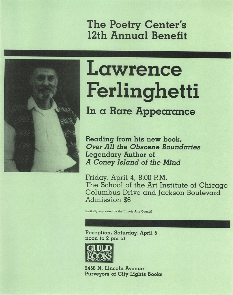 Vintage poster of Lawrence Ferlinghetti's reading at the Poetry Center of Chicago.