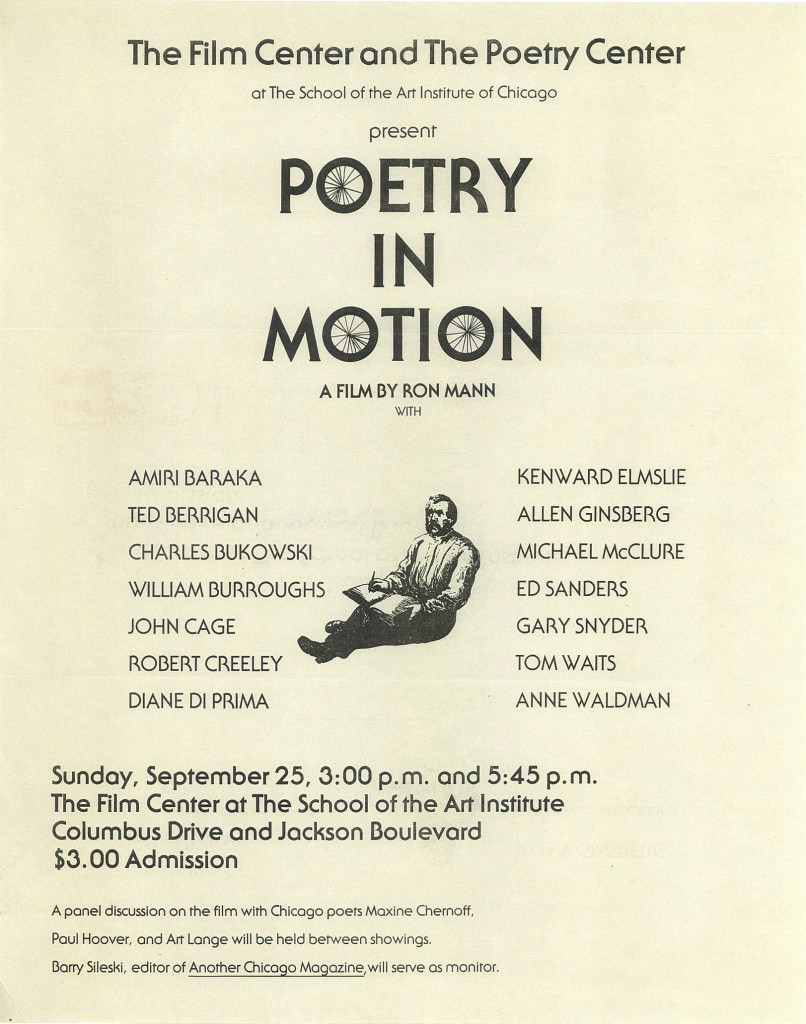 Vintage poster of Poetry in Motion: a film by Ron Mann with Amiri Baraka, Ted Berrigan, Charles Bukowski, William Burroughs, John Cage, Robert Creeley, Diane Di Prima, Kenward Elmslie, Allen Ginsberg, Michael McClure, Ed Sanders, Gary Snyder, Tom Waits, Anne Waldman at the Poetry Center of Chicago.