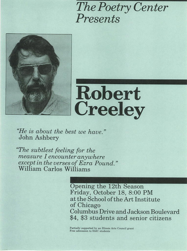 Vintage poster of Robert Creeley's reading at the Poetry Center of Chicago.