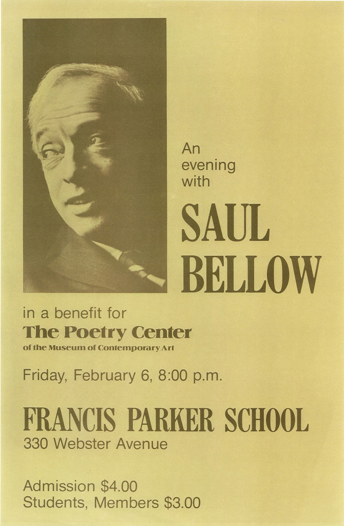 Vintage poster of Saul Bellow's reading at the Poetry Center of Chicago.
