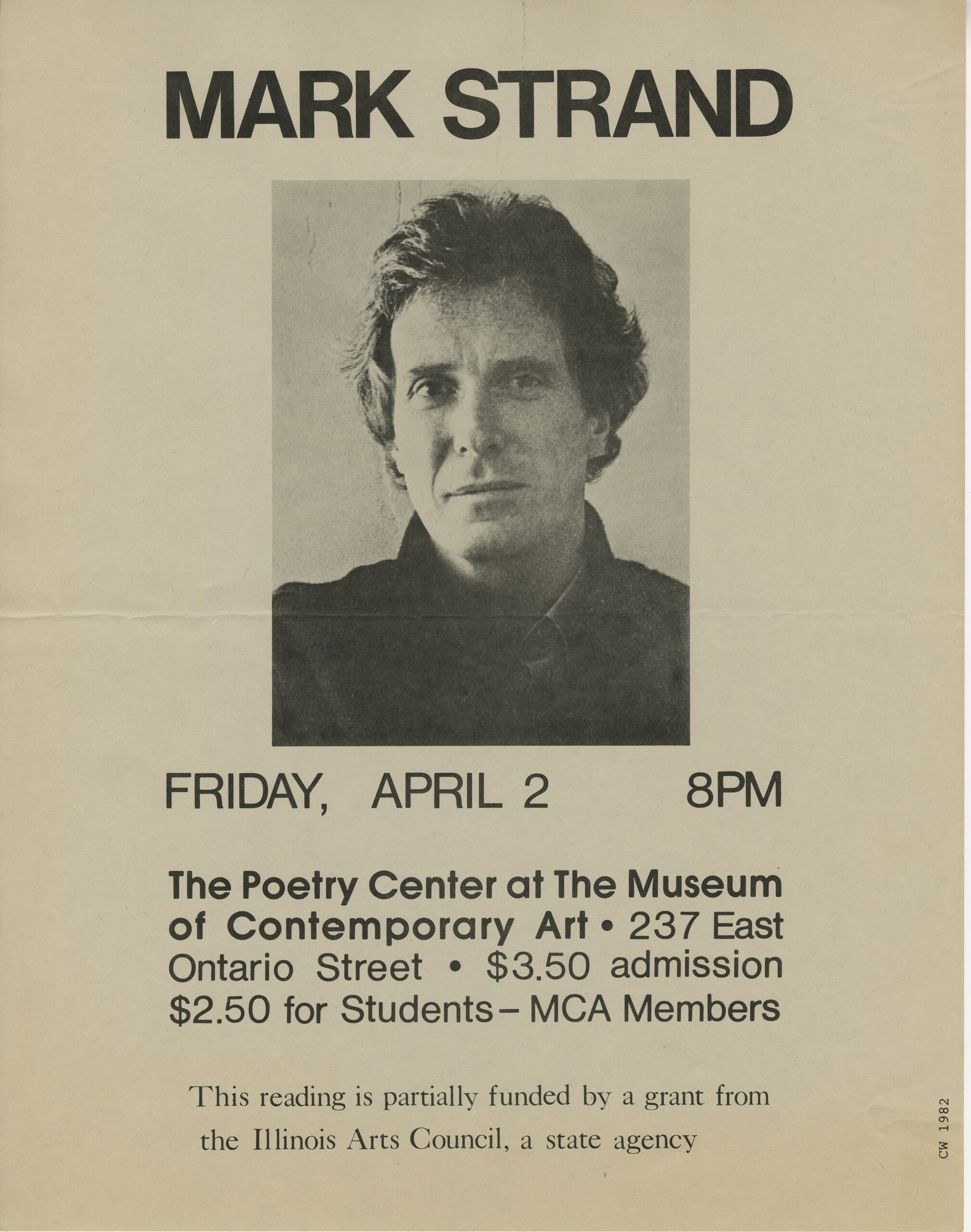 Vintage poster of Mark Strand's reading at the Poetry Center of Chicago.