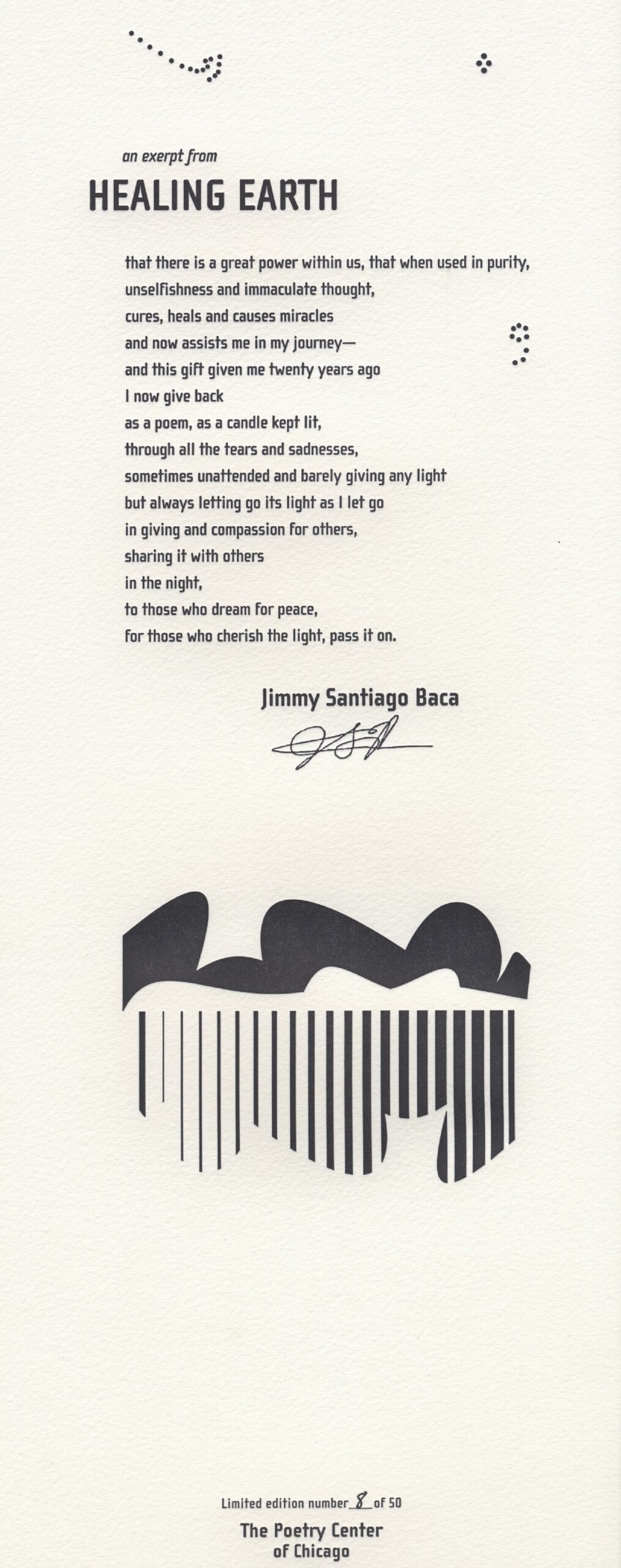 Broadside of excerpt from "Healing Earth" by Jimmy Santiago Baca.