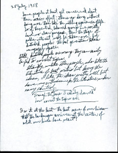William Stafford's poem, "Captive," from "Traveling through the Dark," handwritten.