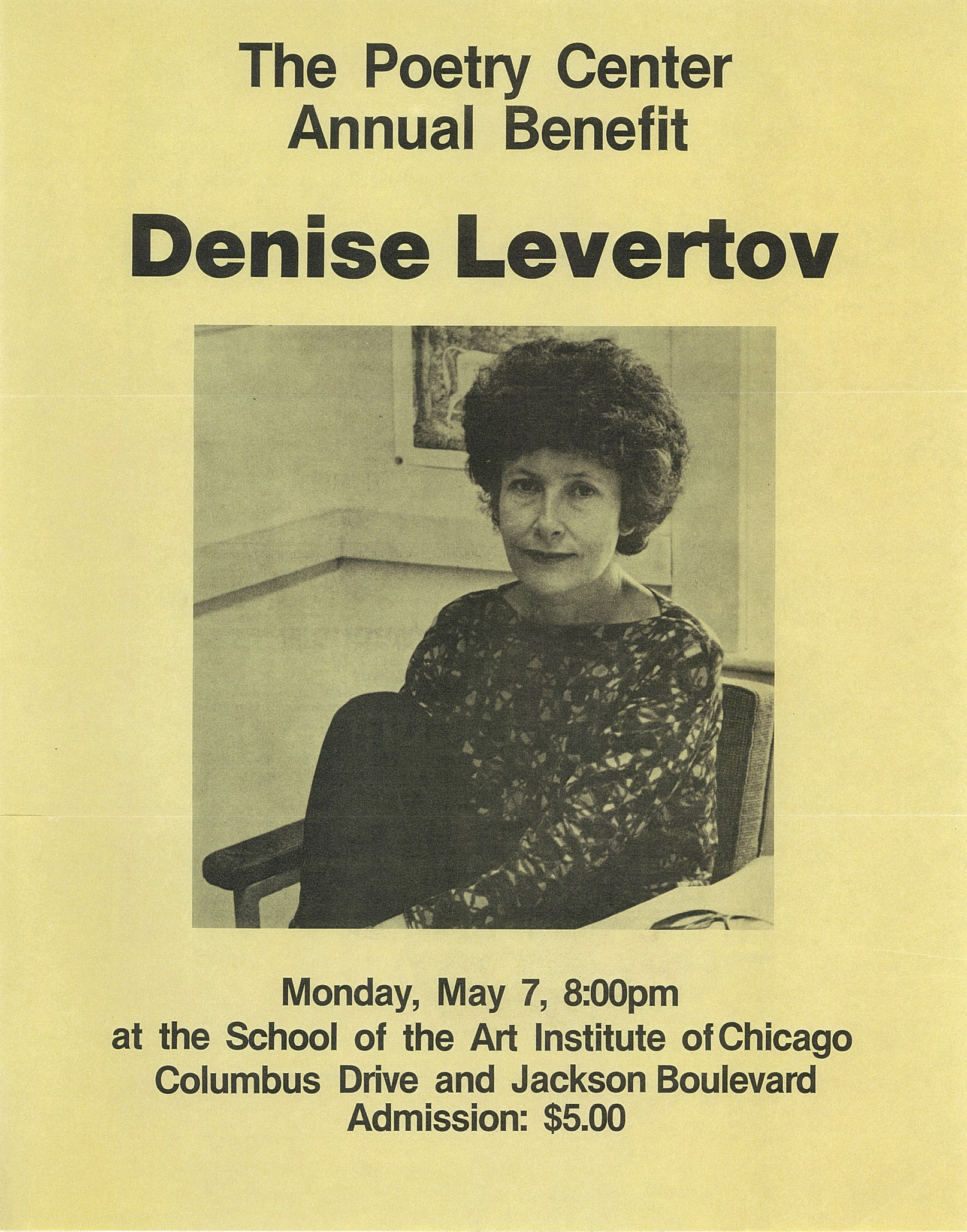 Vintage poster of Denise Levertov's 1984 reading at the Poetry Center of Chicago.