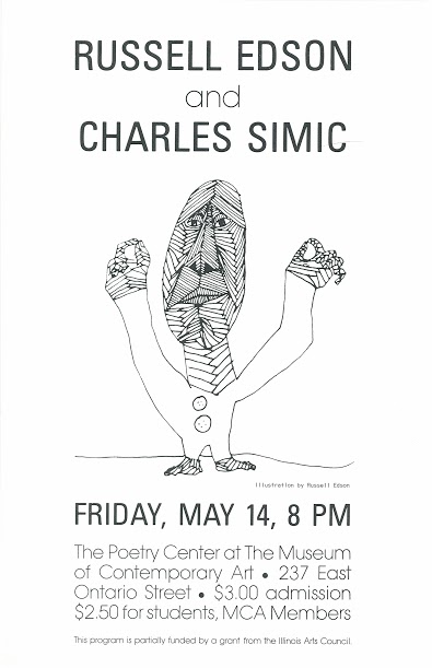 Vintage poster of Russell Edson and Charles Simic giving a joint reading at the Poetry Center of Chicago.