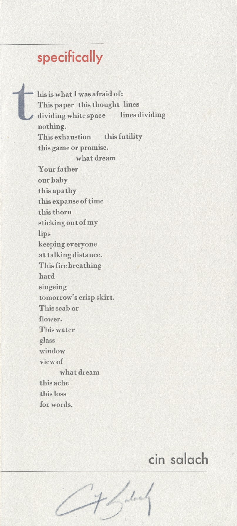 Broadside of "specifically" by cin salach.