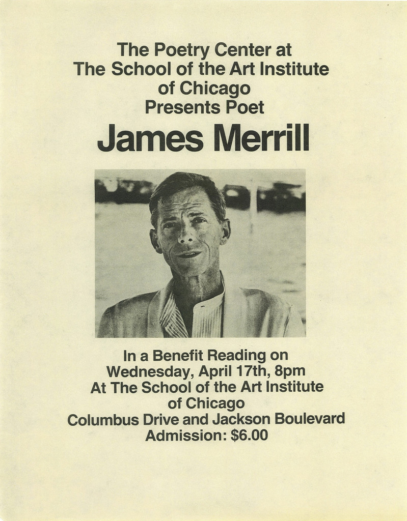 Vintage poster of James Merrill's reading at the Poetry Center of Chicago.