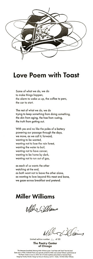 Broadside of Miller Williams' poem, "Love Poem with Toast."
