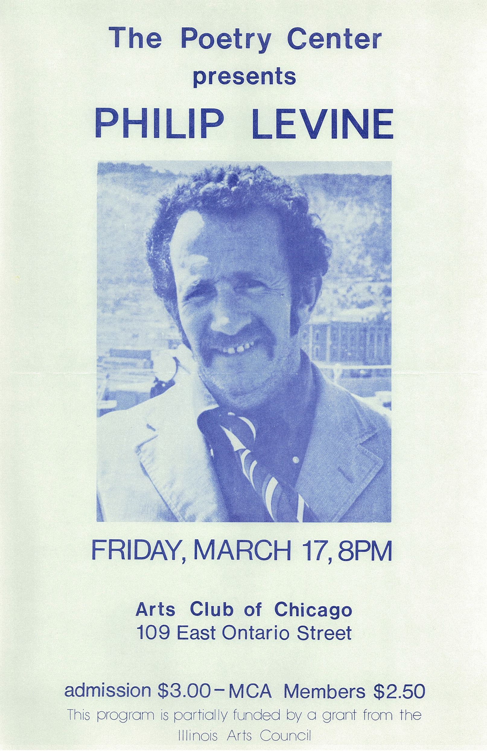 Vintage poster of Philip Levine's reading at the Poetry Center of Chicago.