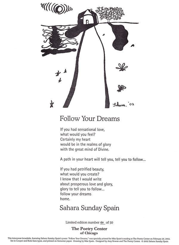 Broadside of Sahara Sunday Spain's poem, "Follow Your Dreams."