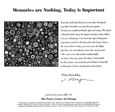 Broadside of Peter Streckfus' poem, Memories are Nothing, Today is Important."