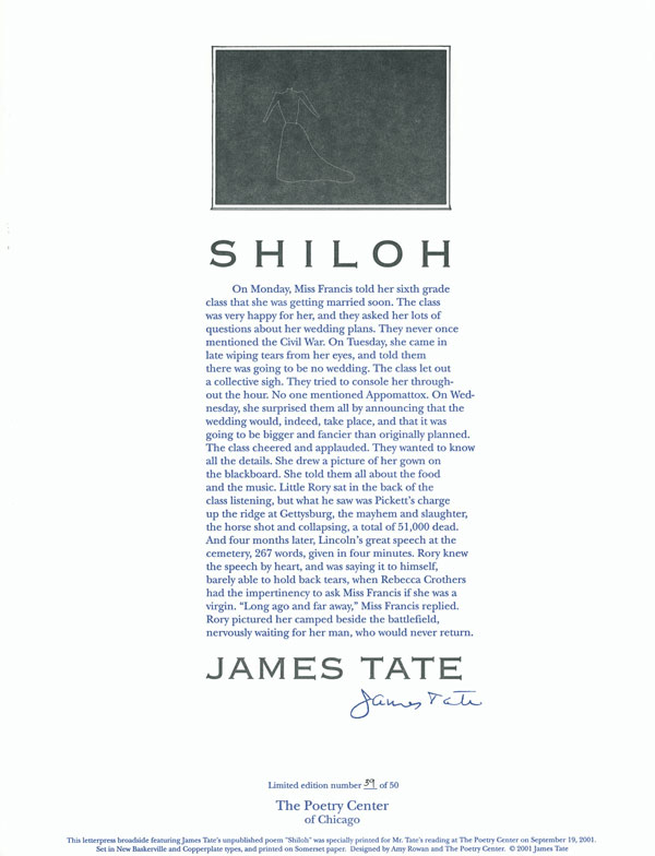 Broadside of James Tate's poem, "Shiloh."