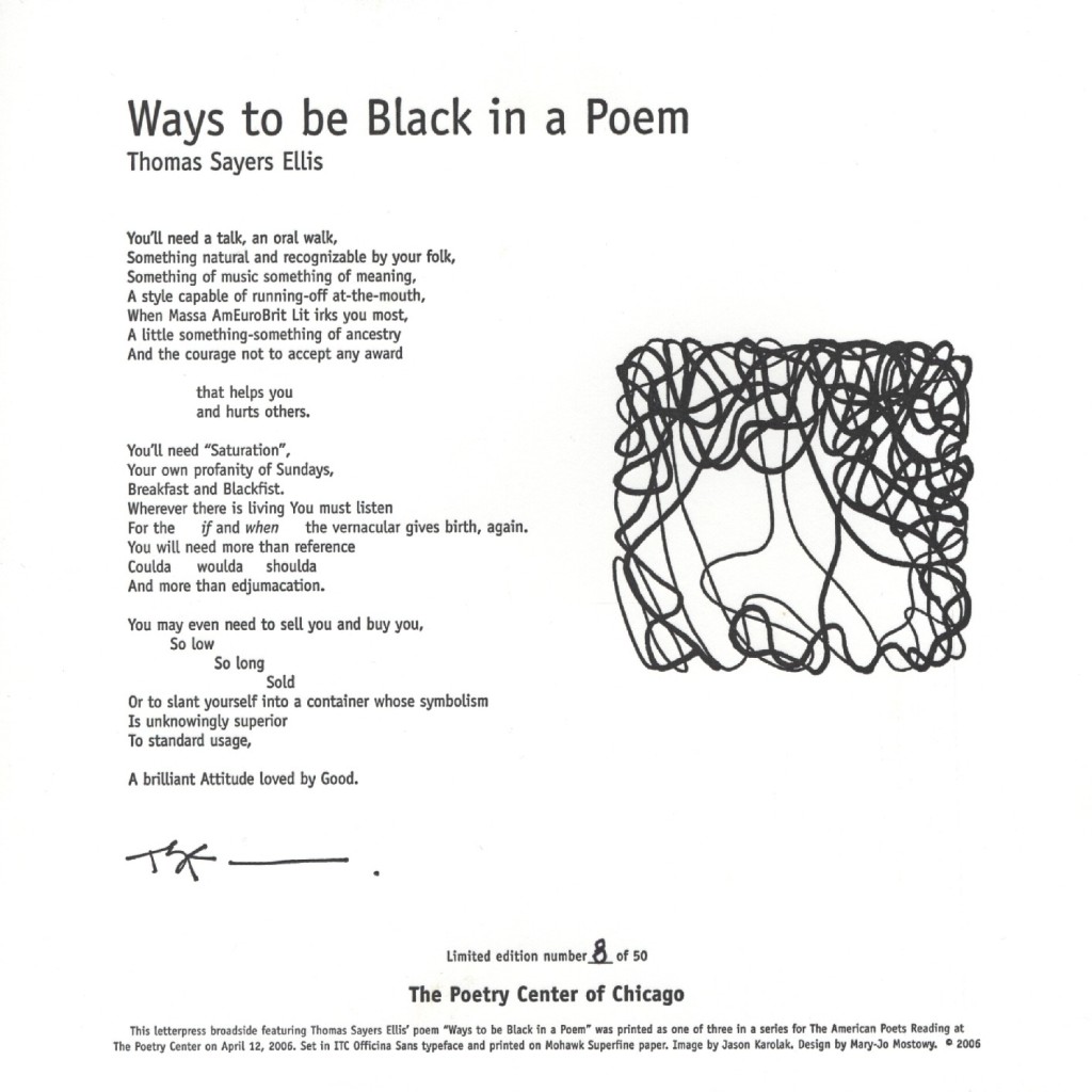 Broadside of Thomas Sayer Ellis' poem, "Ways to be Black in a Poem."