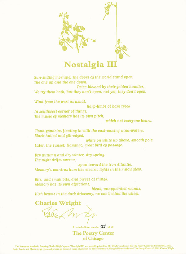 Broadside of "Nostalgia III" by Charles Wright with Timothy Straveler.