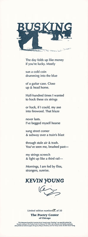 Broadside of "Busking" by Kevin Young.