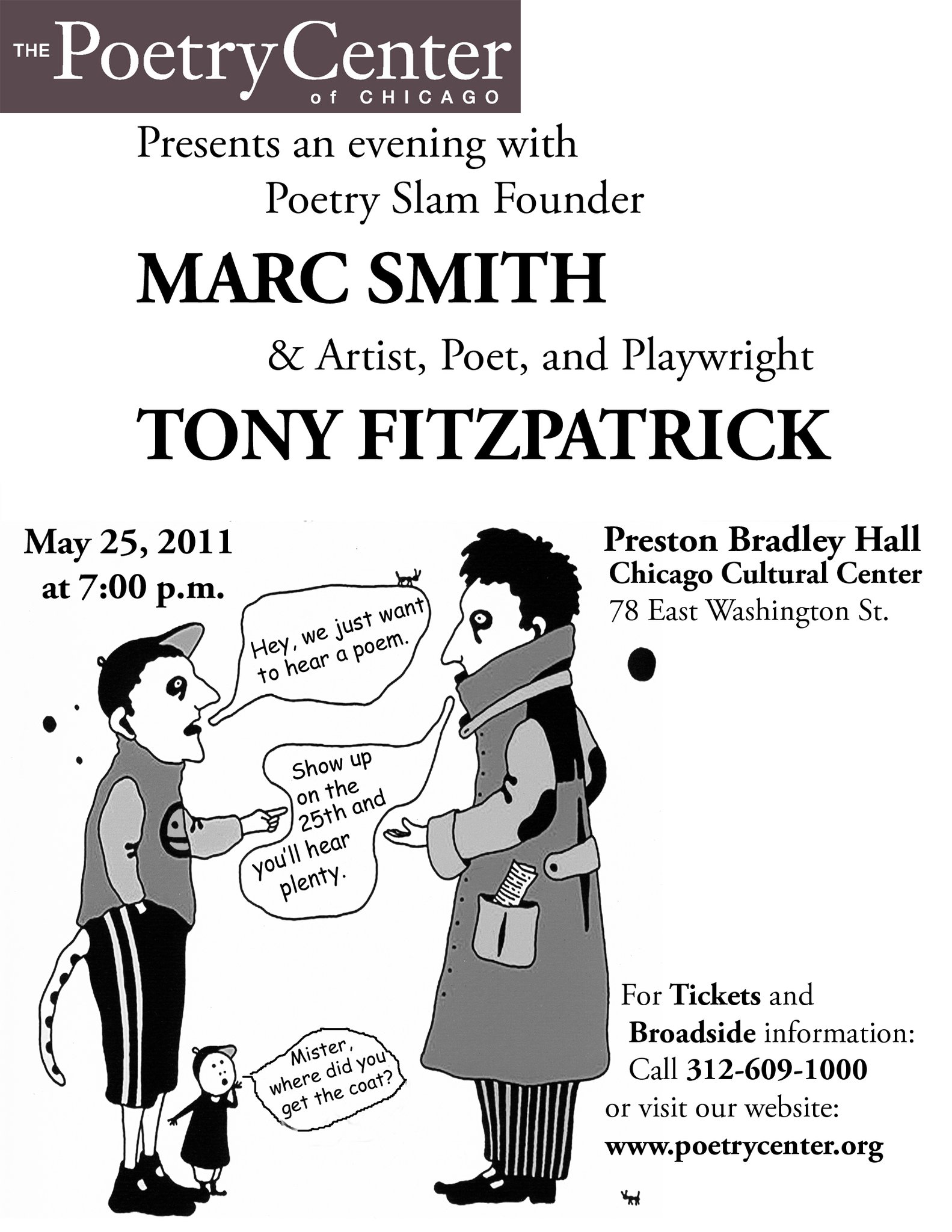 Poster for Marc Smith & Tony Fitzpatrick at the Poetry Center of Chicago, 2011.