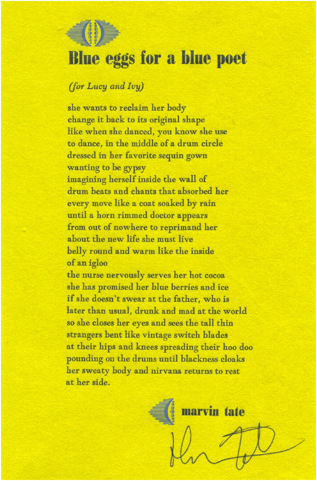 Broadside of "Blue eggs for a blue poet" by Marvin Tate