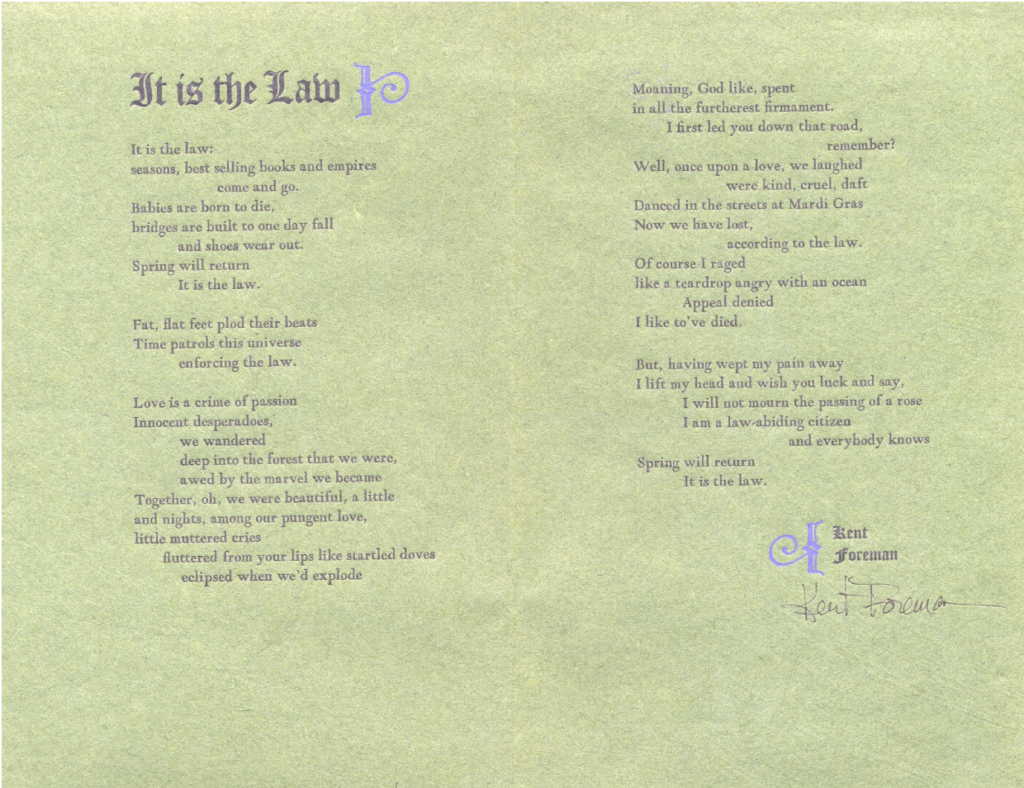 Broadside of "It is the Law" by Kent Foreman.