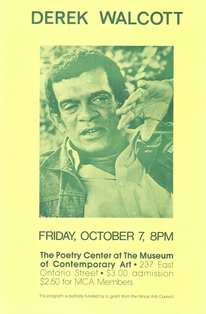 Vintage poster of Derek Walcott's reading at the Poetry Center of Chicago on Friday, October 7, 1977.