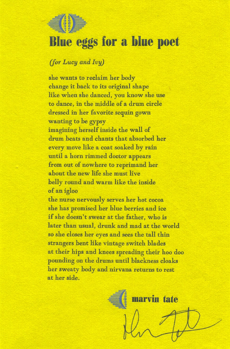 Broadside of "Blue eggs for a blue poet" by Marvin Tate