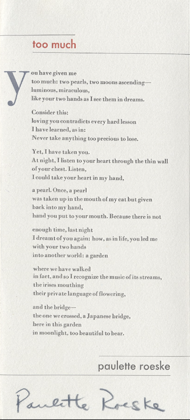 Broadside of "Too Much" by Paulette Roeske.